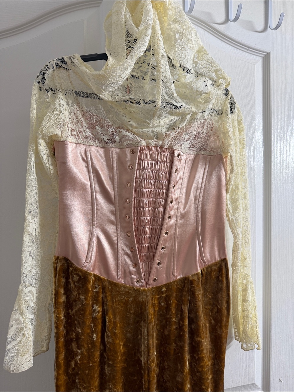 Embroidered Pink Satin & Brown Velvet Slip Dress with Lace Accents - Picture 6 of 8